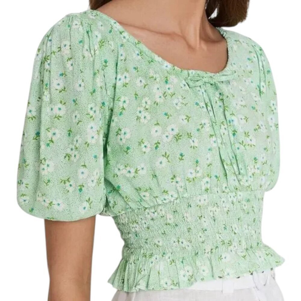 Faithfull The Brand Anne Laure Green Floral Puff Short Sleeve Smocked Crop Top
